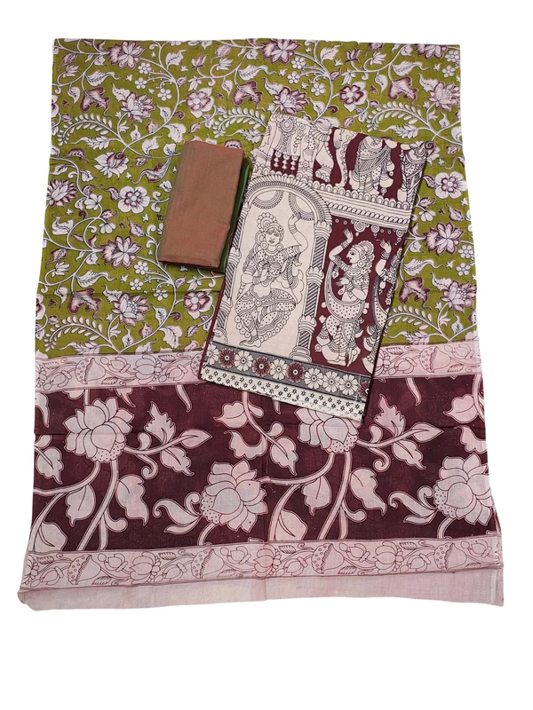 Maroon & Olive Green Kalamkari Pure Cotton Unstitched Salwar Suit Set