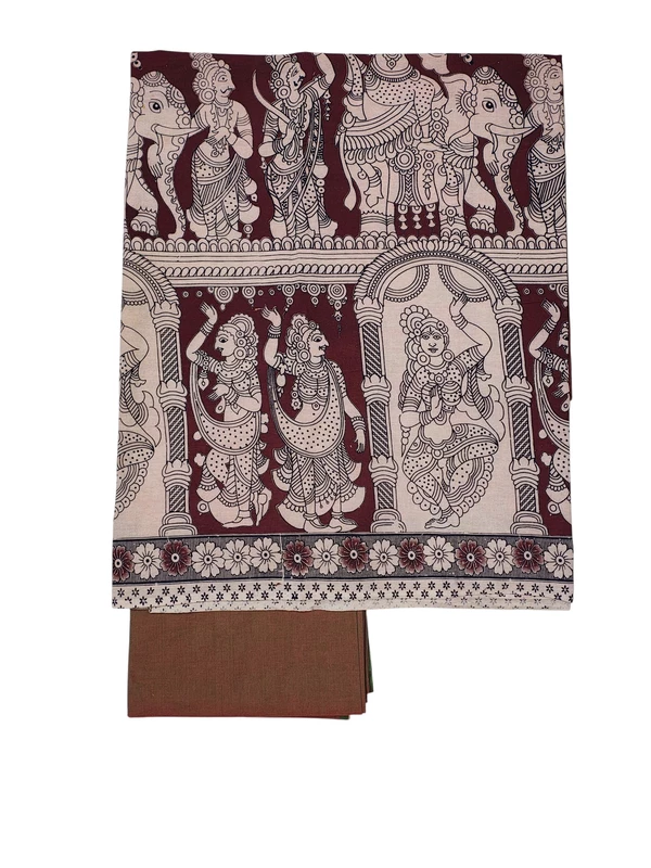 Maroon & Olive Green Kalamkari Pure Cotton Unstitched Salwar Suit Set