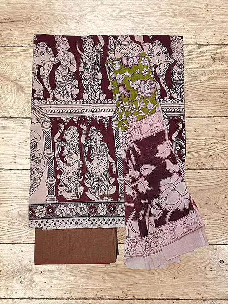 Maroon & Olive Green Kalamkari Pure Cotton Unstitched Salwar Suit Set