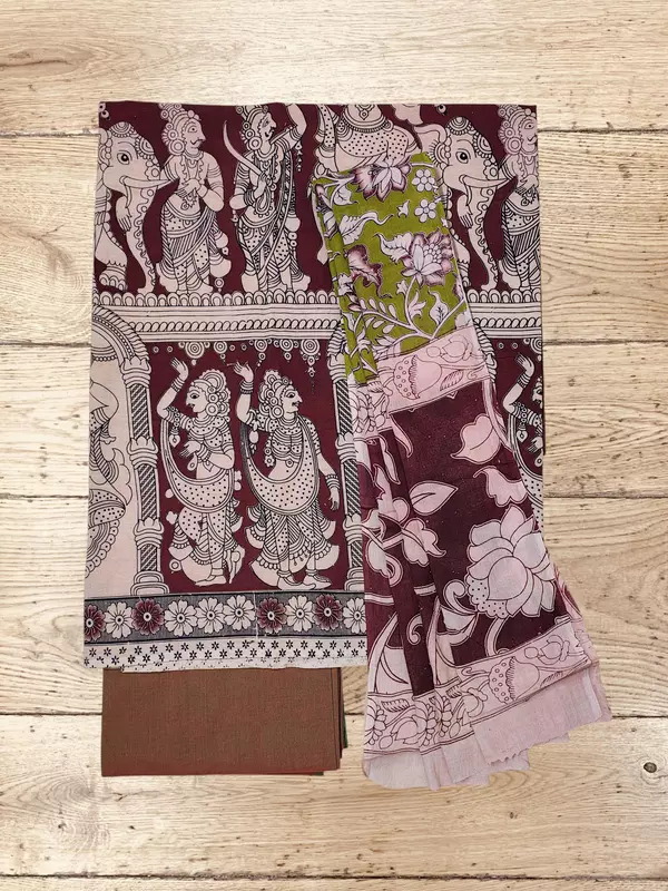 Maroon & Olive Green Kalamkari Pure Cotton Unstitched Salwar Suit Set