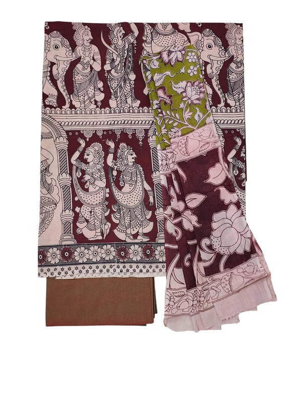 Maroon & Olive Green Kalamkari Pure Cotton Unstitched Salwar Suit Set