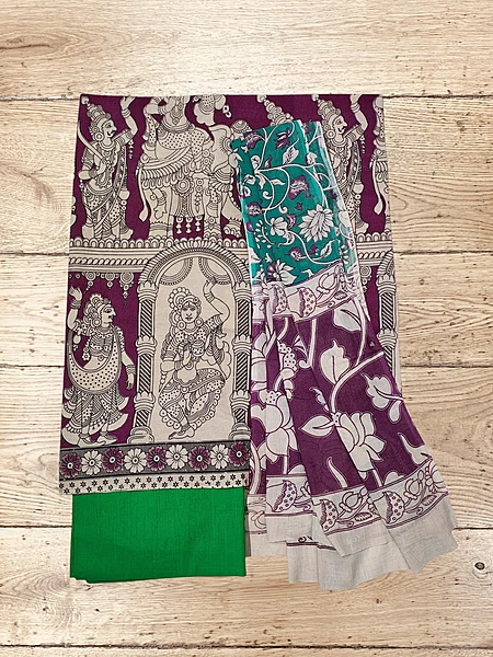 Wine & Green Kalamkari Pure Cotton Dress Materials