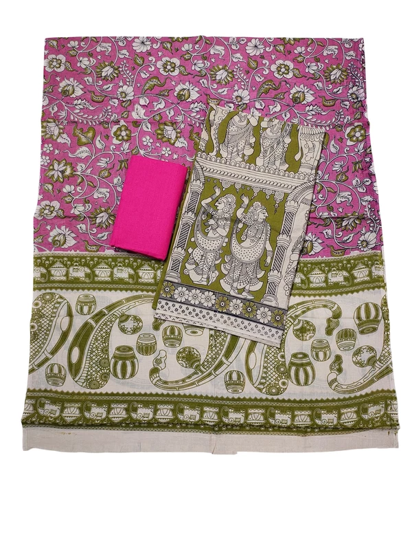 Olive Green & Pink Kalamkari Pure Cotton Dress Materials