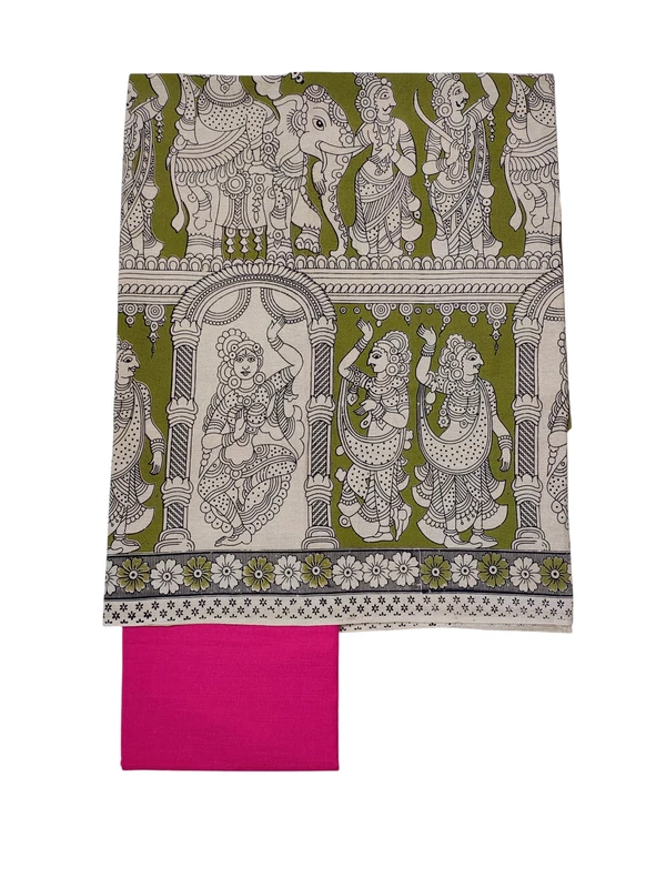 Olive Green & Pink Kalamkari Pure Cotton Dress Materials