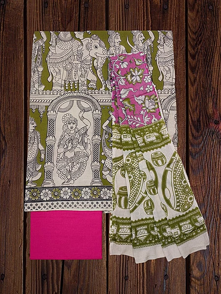 Olive Green & Pink Kalamkari Pure Cotton Dress Materials