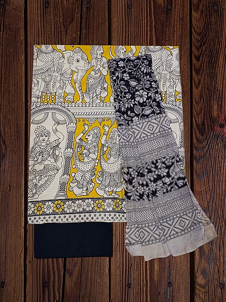 Yellow & Black Kalamkari Pure Cotton Dress Materials
