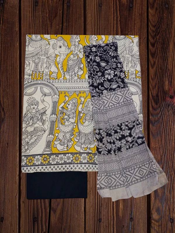 Yellow & Black Kalamkari Pure Cotton Dress Materials