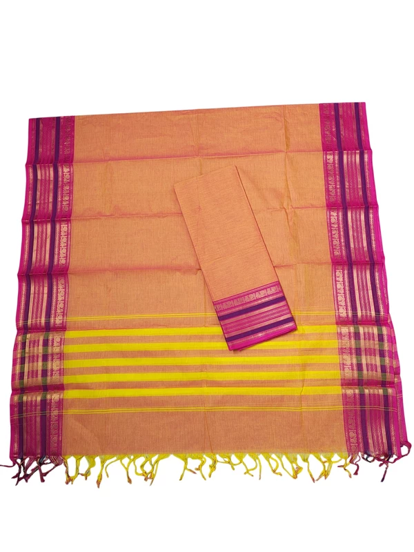 Peach Mangalagiri Zari Border Cotton Kurta & Dupatta Set for Women