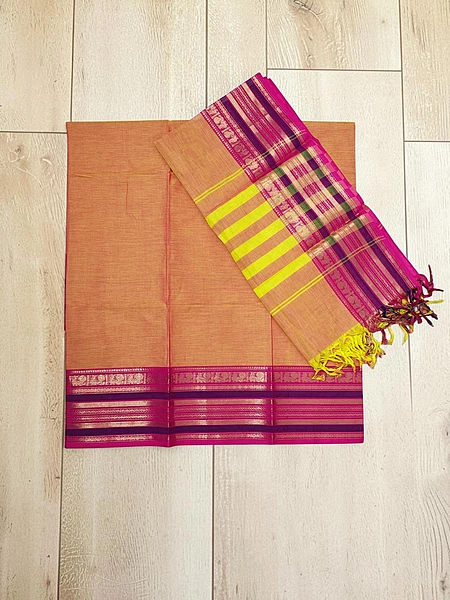 Peach Mangalagiri Zari Border Cotton Kurta & Dupatta Set for Women