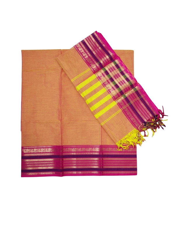 Peach Mangalagiri Zari Border Cotton Kurta & Dupatta Set for Women