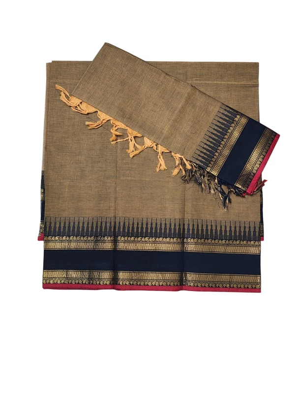 Beige & Black Mangalagiri Zari Border Cotton Kurta & Dupatta Set for Women