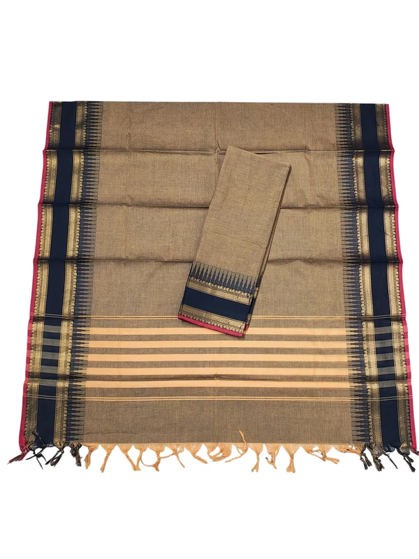 Beige & Black Mangalagiri Zari Border Cotton Kurta & Dupatta Set for Women