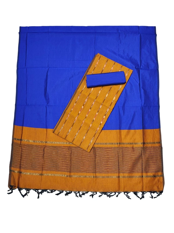 Beige & Blue Pochampally Ikkat Silk Unstitched Suit Set