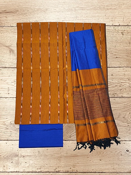 Beige & Blue Pochampally Ikkat Silk Unstitched Suit Set