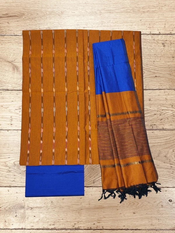 Beige & Blue Pochampally Ikkat Silk Unstitched Suit Set