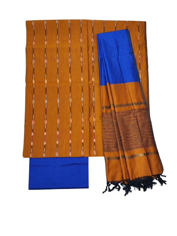 Beige & Blue Pochampally Ikkat Silk Unstitched Suit Set