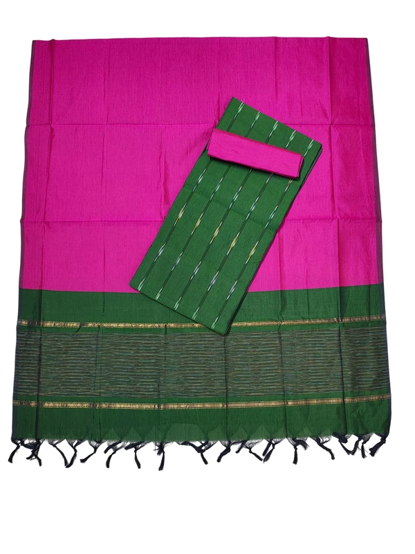 Green & Pink Pochampally Ikkat Silk Unstitched Suit Set