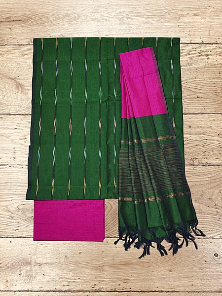 Green & Pink Pochampally Ikkat Silk Unstitched Suit Set