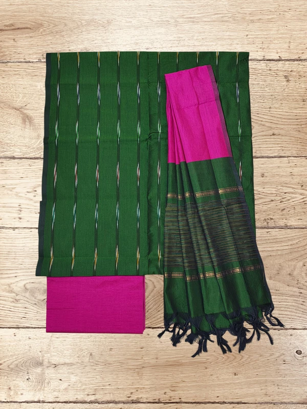 Green & Pink Pochampally Ikkat Silk Unstitched Suit Set