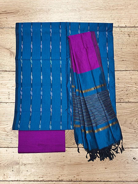 Teal Pochampally Ikkat Silk Unstitched Suit Set