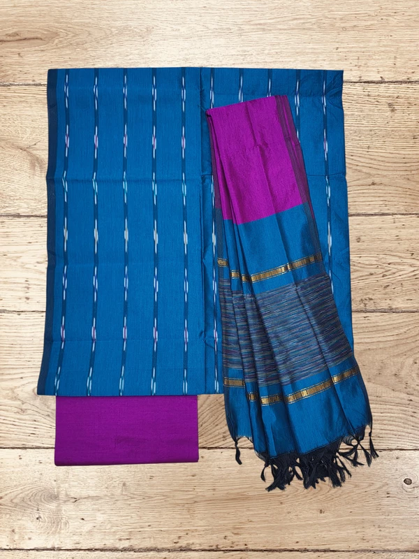 Teal Pochampally Ikkat Silk Unstitched Suit Set