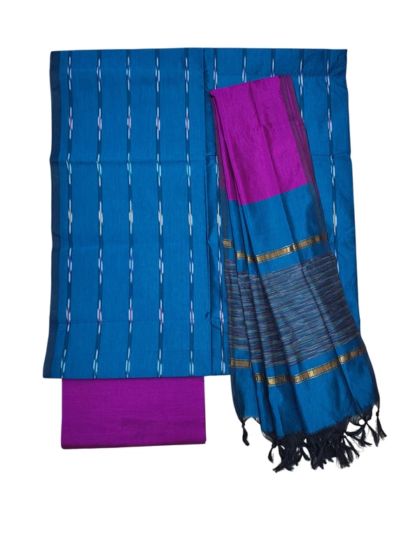 Teal Pochampally Ikkat Silk Unstitched Suit Set