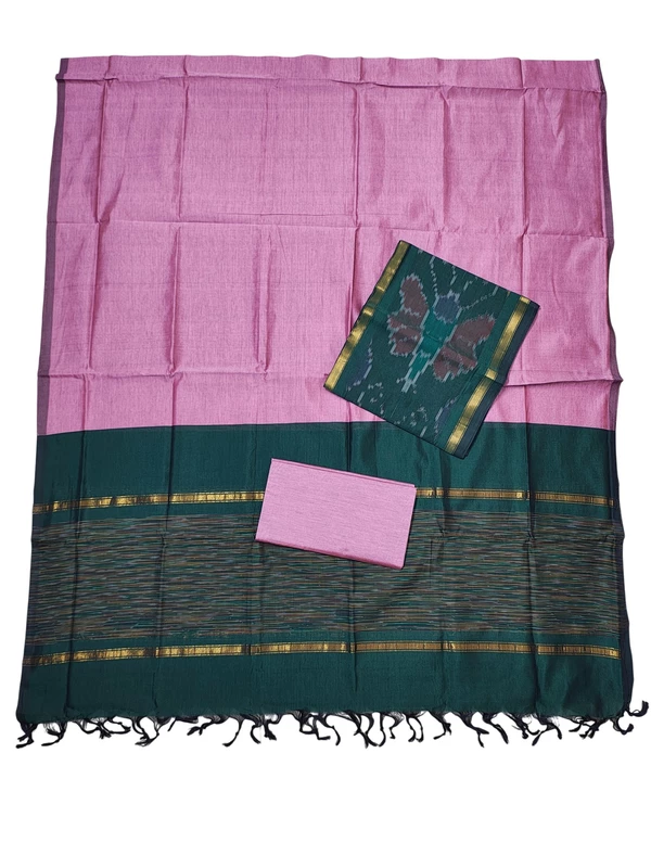Dark Green & Pink Pochampally Ikkat Silk Unstitched Suit Set
