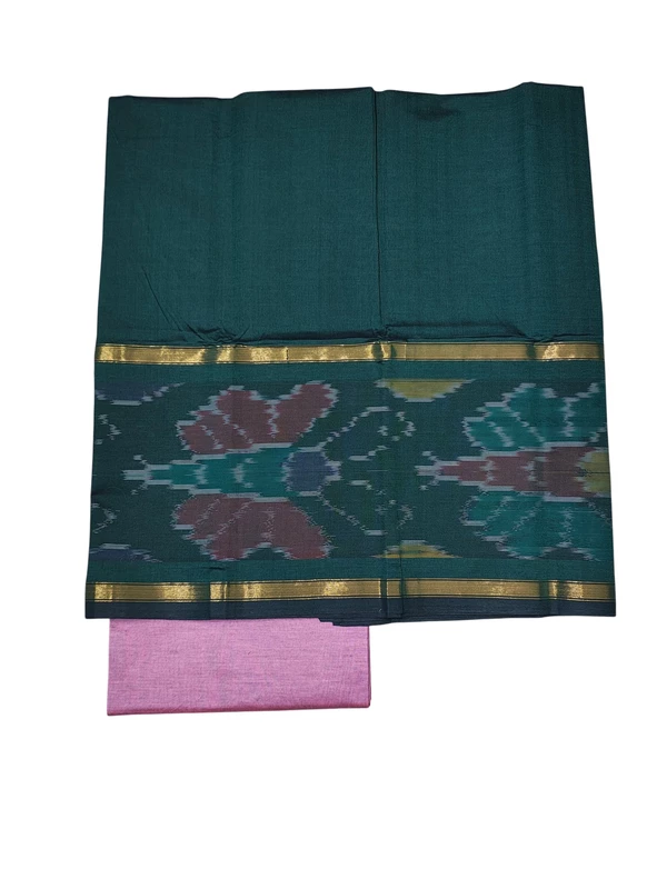 Dark Green & Pink Pochampally Ikkat Silk Unstitched Suit Set