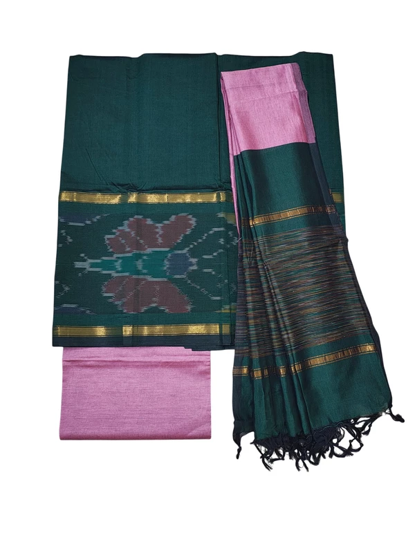 Dark Green & Pink Pochampally Ikkat Silk Unstitched Suit Set