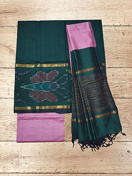 Dark Green & Pink Pochampally Ikkat Silk Unstitched Suit Set