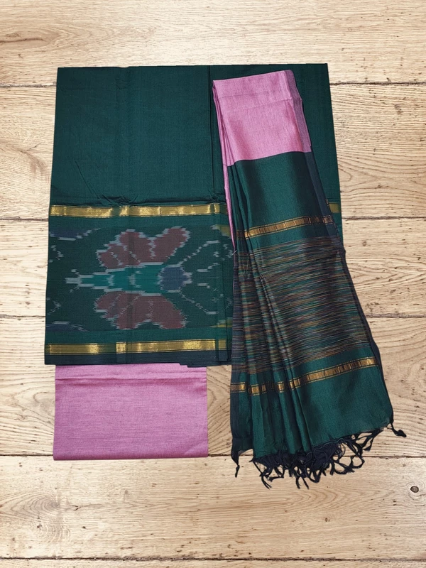 Dark Green & Pink Pochampally Ikkat Silk Unstitched Suit Set