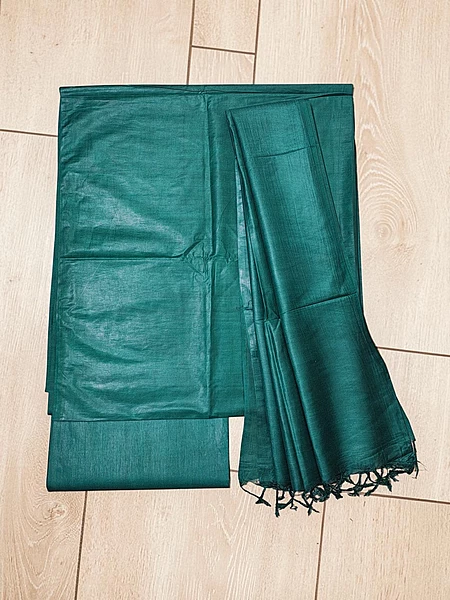 Dark Green Plain Katan Silk Unstitched Salwar Suit Set with Dupatta