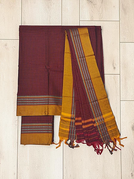 Maroon Narayanpet Checkered Handloom Unstitched Salwar Suit