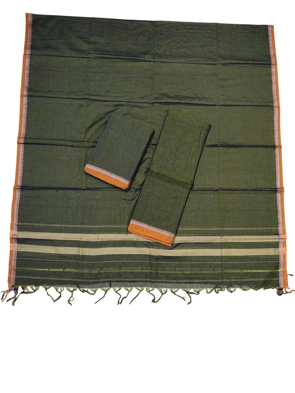 Olive Green Narayanpet Handloom Unstitched Salwar Suit with Handwoven Border