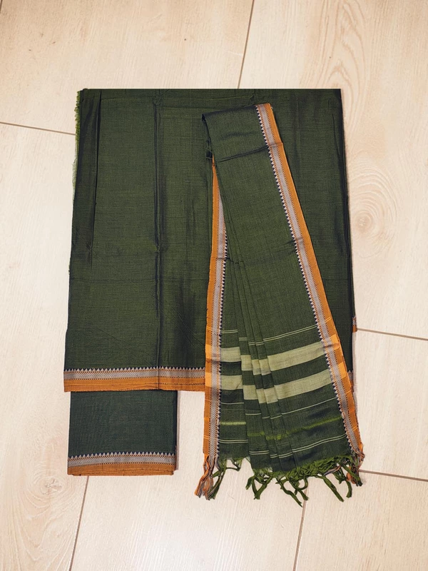 Olive Green Narayanpet Handloom Unstitched Salwar Suit with Handwoven Border