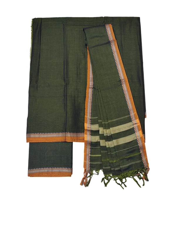 Olive Green Narayanpet Handloom Unstitched Salwar Suit with Handwoven Border
