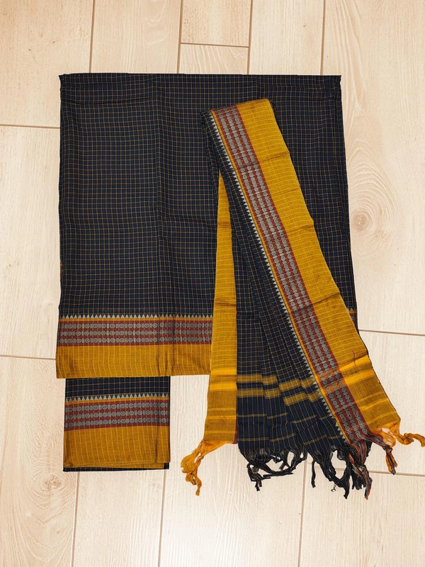 Black Narayanpet Checkered Handloom Unstitched Salwar Suit