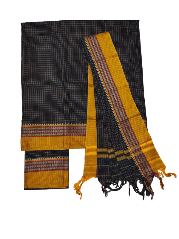 Black Narayanpet Checkered Handloom Unstitched Salwar Suit