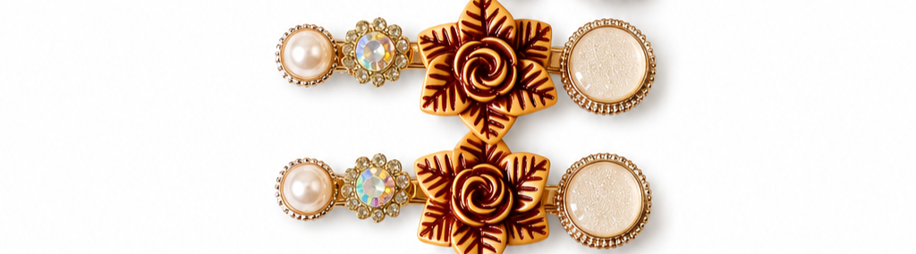 Copper-Tone Floral Rosette Hairpin Set with Pearl and Mint Crystal Accents
