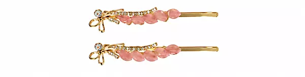 Gold-Tone Bow Hairpin Set with Pastel Bead Cascades .