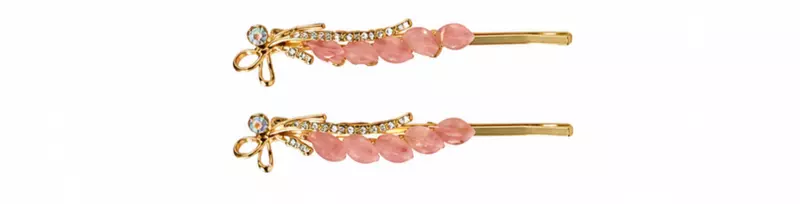 Gold-Tone Bow Hairpin Set with Pastel Bead Cascades .