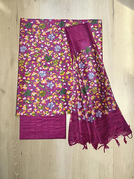 Deep Pink Ajrakh Katan Silk Dress Materials for Women