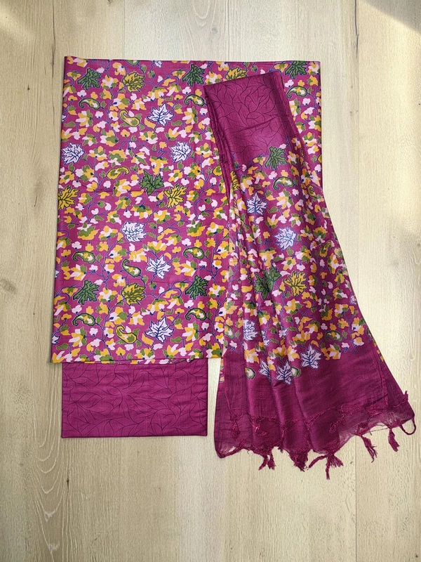 Deep Pink Ajrakh Katan Silk Dress Materials for Women