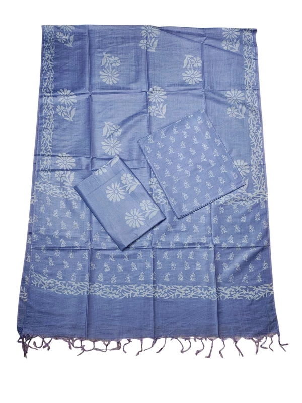Block Print Indigo Unstitched Katan Silk Salwar Suit Dress Material with Dupatta