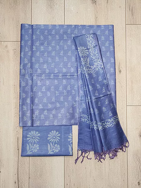 Block Print Indigo Unstitched Katan Silk Salwar Suit Dress Material with Dupatta
