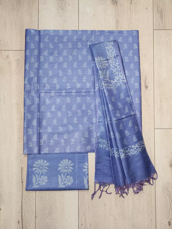 Block Print Indigo Unstitched Katan Silk Salwar Suit Dress Material with Dupatta