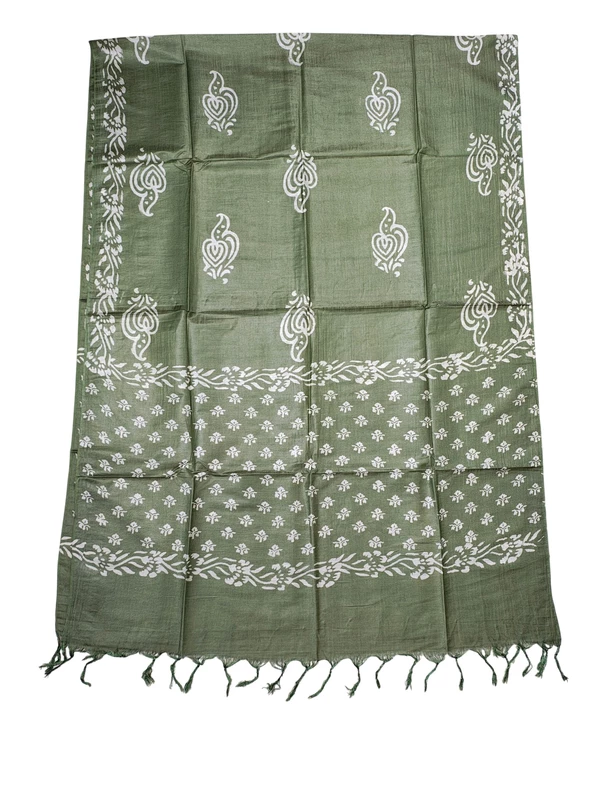 Green Block Print Silk Dress Material with Dupatta