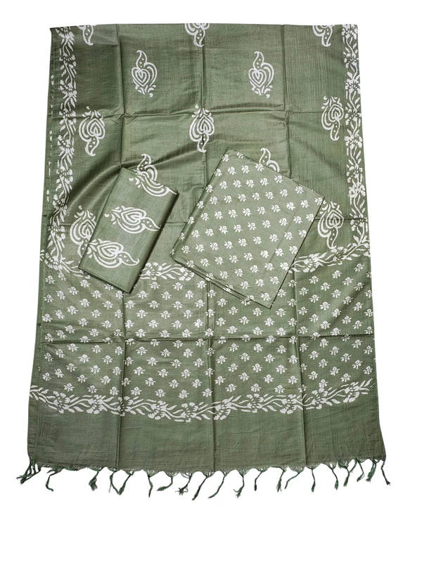 Green Block Print Silk Dress Material with Dupatta