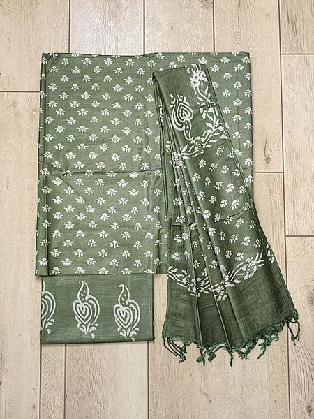 Green Block Print Silk Dress Material with Dupatta
