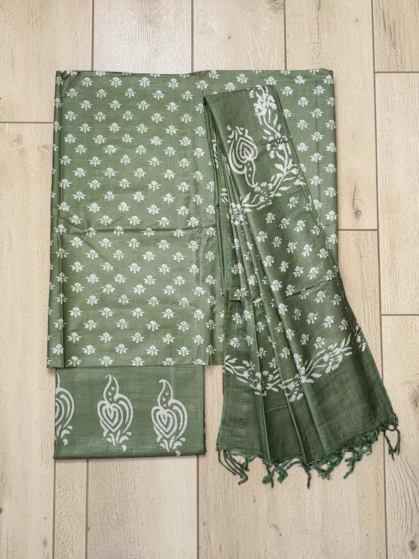 Green Block Print Silk Dress Material with Dupatta